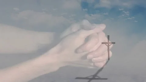 Praying hands over cross silhouette with cloudy sky in animation format Stock Footage 327711835
