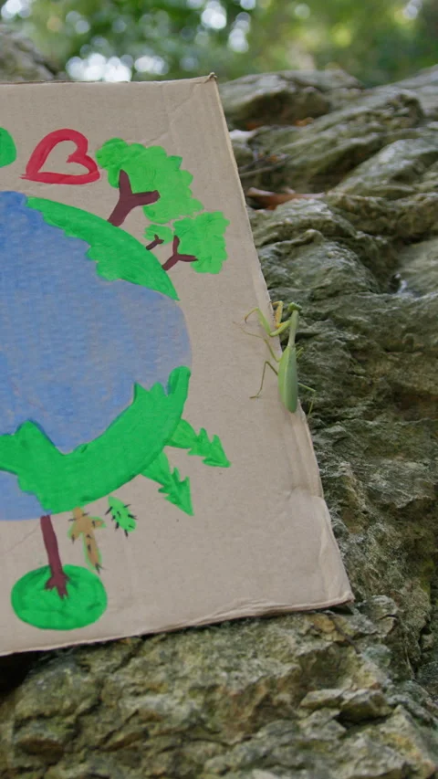 Praying mantis crawls over a poster that says We deserve a future. The concept Stock Footage 293325017