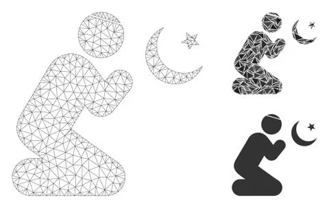 Praying Muslim Vector Mesh Network Model and Triangle Mosaic Icon Illustrazione stock