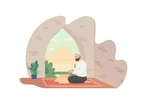 Praying with quran 2D vector web banner, poster Stock Illustration