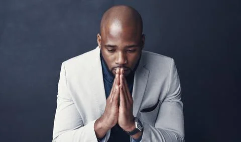 Praying, thinking and business man with faith for career, job or opportunity Stock Photos