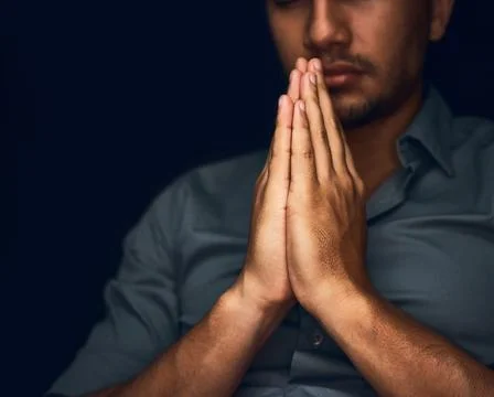 Praying, worship and hope with hands of man for religion, spirituality and faith Stock Photos