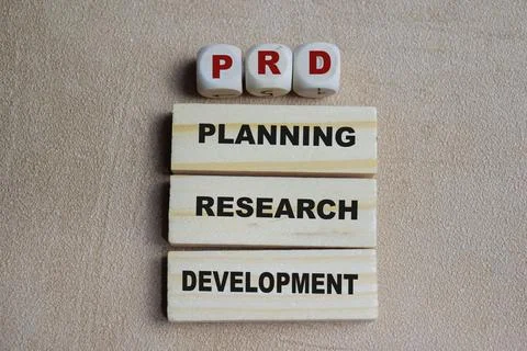 PRD - Planning Research Development stacked wooden cubes on the table. Foto stock