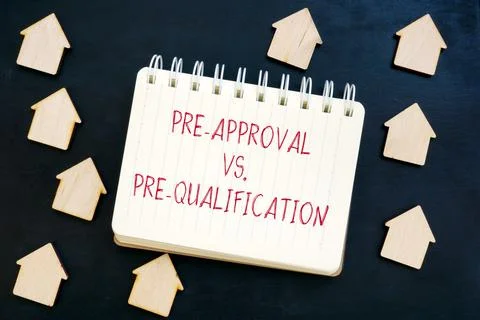Pre-Approval vs Pre-Qualification mortgage words and small homes. Stock Photos