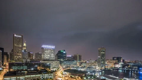 Pre-dawn thunderstorm with lightning over Baltimore Harbor Timelapse Video stock 82667906