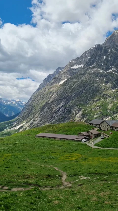 Pre De Bar Glacier and buildings. Italian Alps Stock Footage 284668390