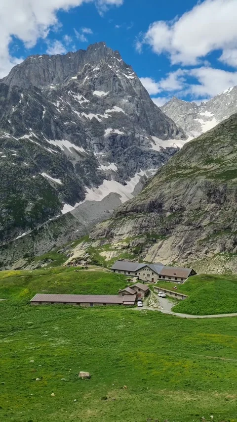 Pre De Bar Glacier and buildings. Italian Alps Video stock 284668391