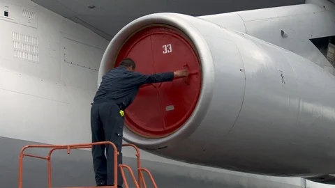 Pre-flight preparation on Il-78 tanker aircraft. Close-up of engine. Stock Footage 108428547