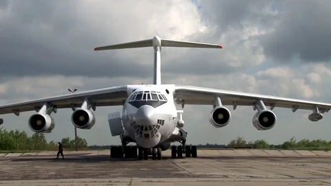 Pre-flight preparation on Il-78 tanker aircraft. Close-up of aircraft. Stock Footage 108428641