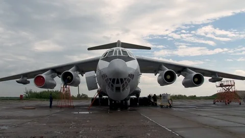 Pre-flight preparation on Il-78 tanker aircraft. Close-up of aircraft. Stock Footage 108428899