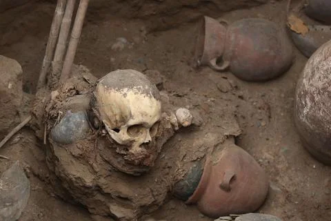 Pre-Hispanic burial uncovered during installation works of natural gas pipeline  Stock Photos