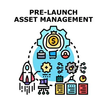 Pre launch asset management process diagram evaluating project development Stock Illustration