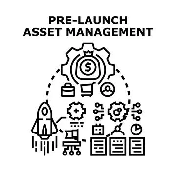 Pre launch asset management process diagram evaluating project development Stock Illustration