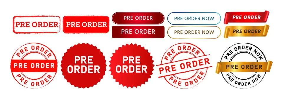 Pre order rubber stamp button ribbon and labels ticket sign for business Stock Illustration
