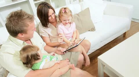Pre School Girls Playing Parents Home Sofa Stock Footage