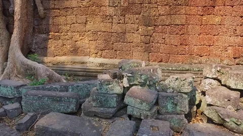 Preah Kahn Temple Wall And Tree Stock Footage 73240166