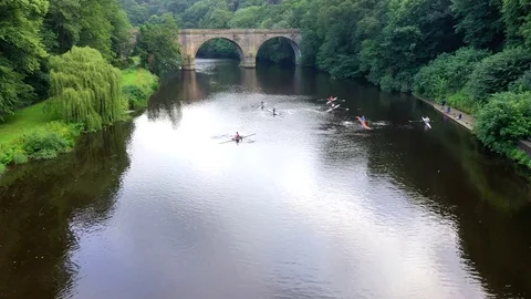 Prebends Bridge filmed with drone in 4K, Durham UK Stock Footage