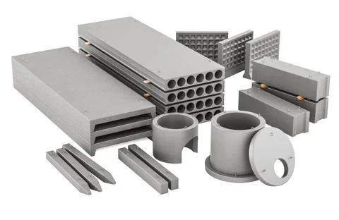 Precast concrete products, construction elements set. 3D rendering Illustrazione stock