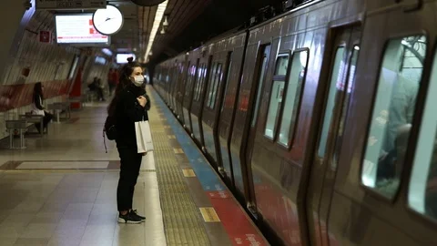The precaution people take against Coronavirus in Istanbul Metro. Video stock 126311990