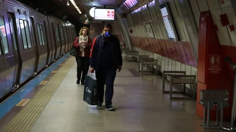 The precaution people take against Coronavirus in Istanbul Metro. Video stock 126312450