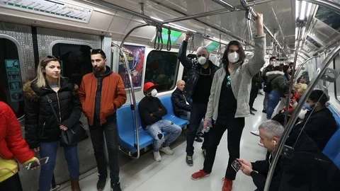 The precaution people take against Coronavirus in Istanbul Metro. Stock-Footage 126313633