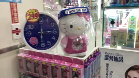 Precautions in combating covid 19 + Hello Kitty in face shield Carrefour Taiwan Stock Footage 159522456