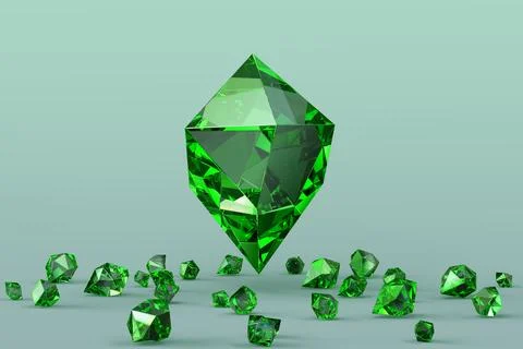 Precious emerald stone with scattering of small green crystals on background 3d Illustrazione stock