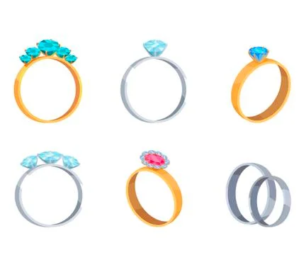 Precious Wedding Rings with Gems Vector Icons Set 库存插图
