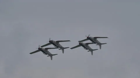 Precise and perfect teamwork of propeller planes in inverted flight in formation Stock Footage 147616357