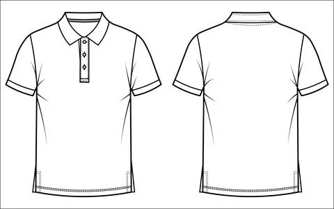 A precise black and white CAD drawing illustrating a classic polo shirt, show Stock Illustration
