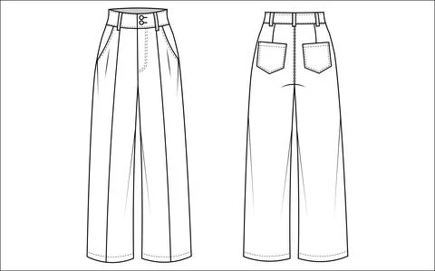 A precise CAD drawing showcases a pair of high-waisted, wide-leg trousers wit Stock Illustration