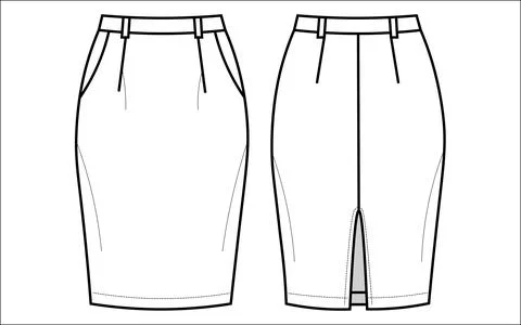 A precise CAD drawing showcasing a women's pencil skirt design, featuring fro Stock Illustration