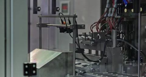 Precise packaging machine operates with products in manufacturing workshop Stock Footage 341872014