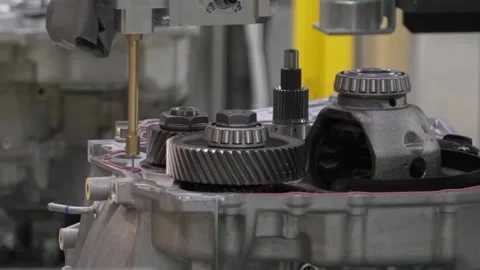 Precision automated liquid gasket application on a transmission housing unit Stock Footage 332918086