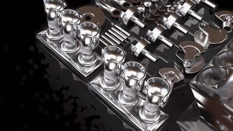 Precision Automotive Engine Components in Chrome 3d render. Stock Illustration