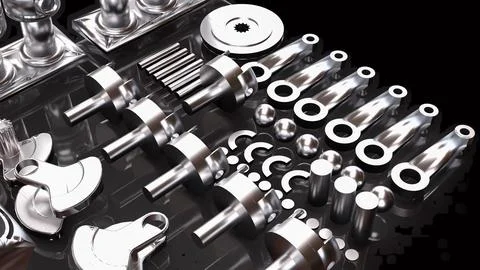 Precision Automotive Engine Components in Chrome 3d render. Stock Photos