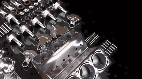 Precision Automotive Engine Components in Chrome 3d render. Stock Photos