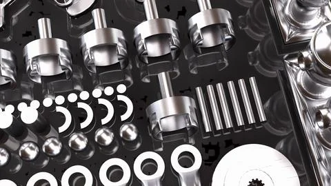 Precision Automotive Engine Components in Chrome 3d render. Stock Photos