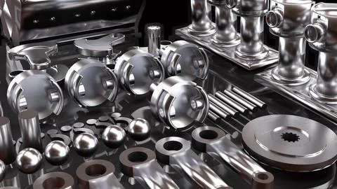 Precision Automotive Engine Components in Chrome 3d render. Stock Photos