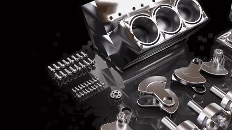 Precision Automotive Engine Components in Chrome 3d render. 스톡 사진