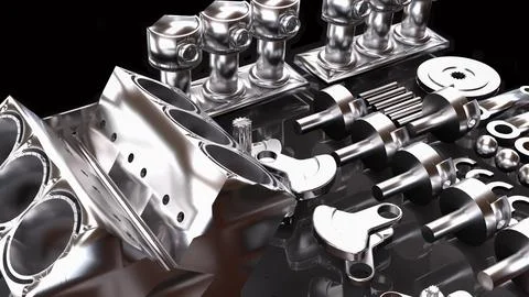 Precision Automotive Engine Components in Chrome 3d render. Stock Photos