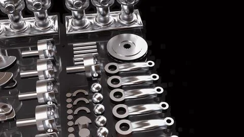 Precision Automotive Engine Components in Chrome 3d render. Stock Photos