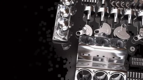 Precision Automotive Engine Components in Chrome 3d render. Foto stock