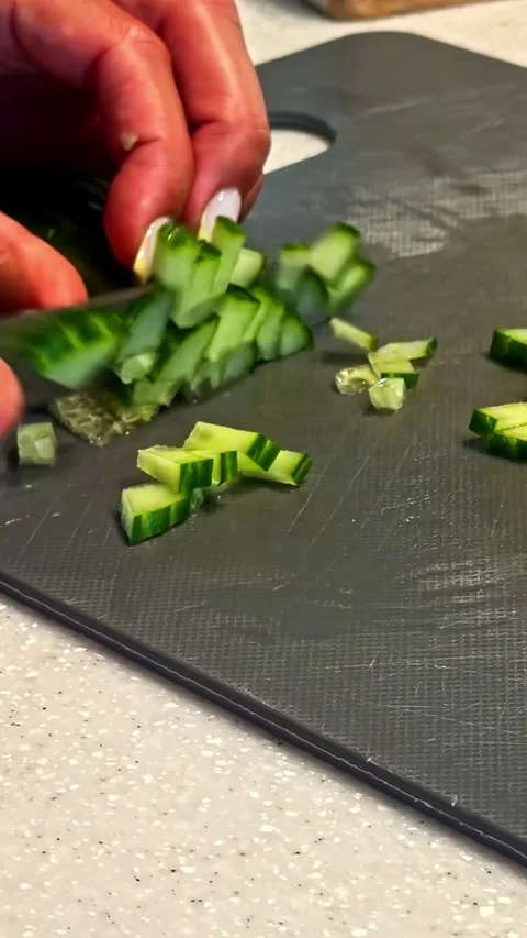 Precision Chef Knife Skills Dicing Crisp Green Cucumber. Stock Footage 345483157