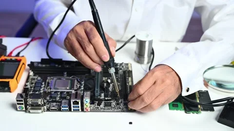 Precision closeup of soldering a circuit board. Ideal for themes on electro.. Stock Footage 312773714