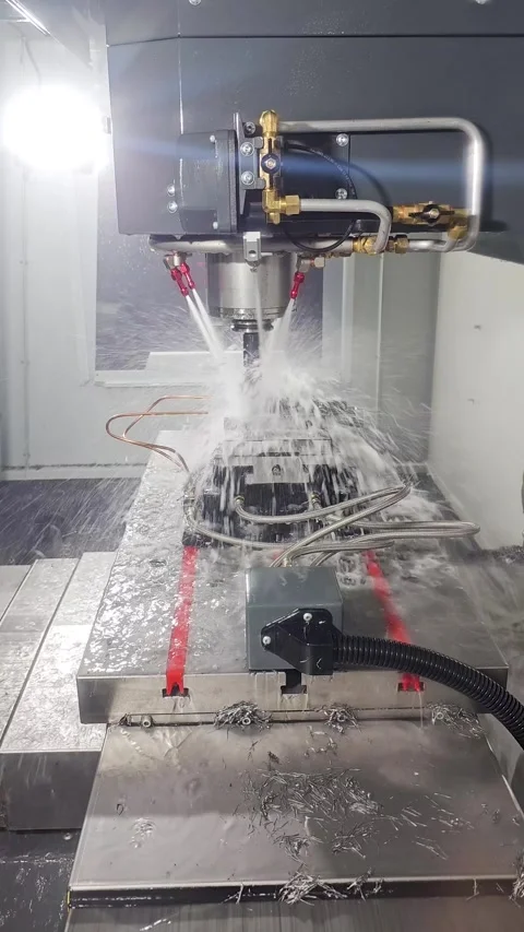 Precision CNC Machine Tool Milling Metal Part with Liquid Coolant Spray Stock Footage 336481745