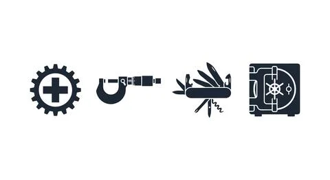 Precision Craftsmanship Icons: Gear, Micrometer, Multi-tool, Safe Stock Illustration