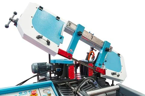 Precision cutting machine with blue and white design, featuring robust metall Stock Photos