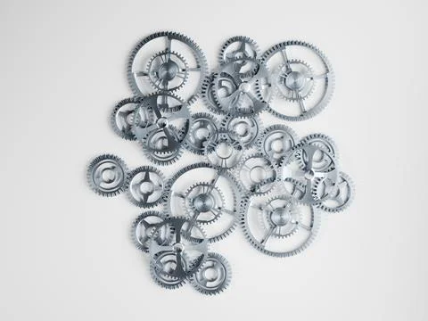 Precision engineering, concept background. Shiny steel gears on light surface Stock Illustration