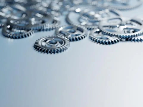 Precision engineering, concept background. Shiny steel gears on light surface Stock Illustration